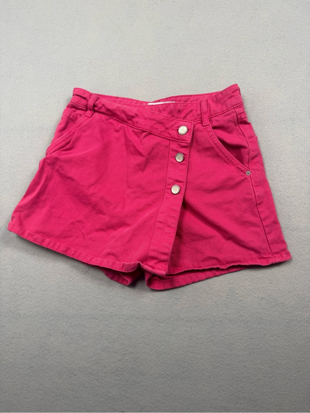 Zara Hot Pink Asymmetric Wrap Front Snap Skort Denim-Style Size XS